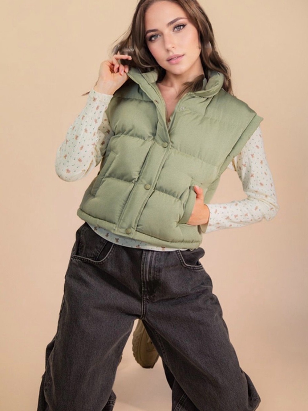 Light Olive Puffer Vest - Sleeveless Quilted Jacket